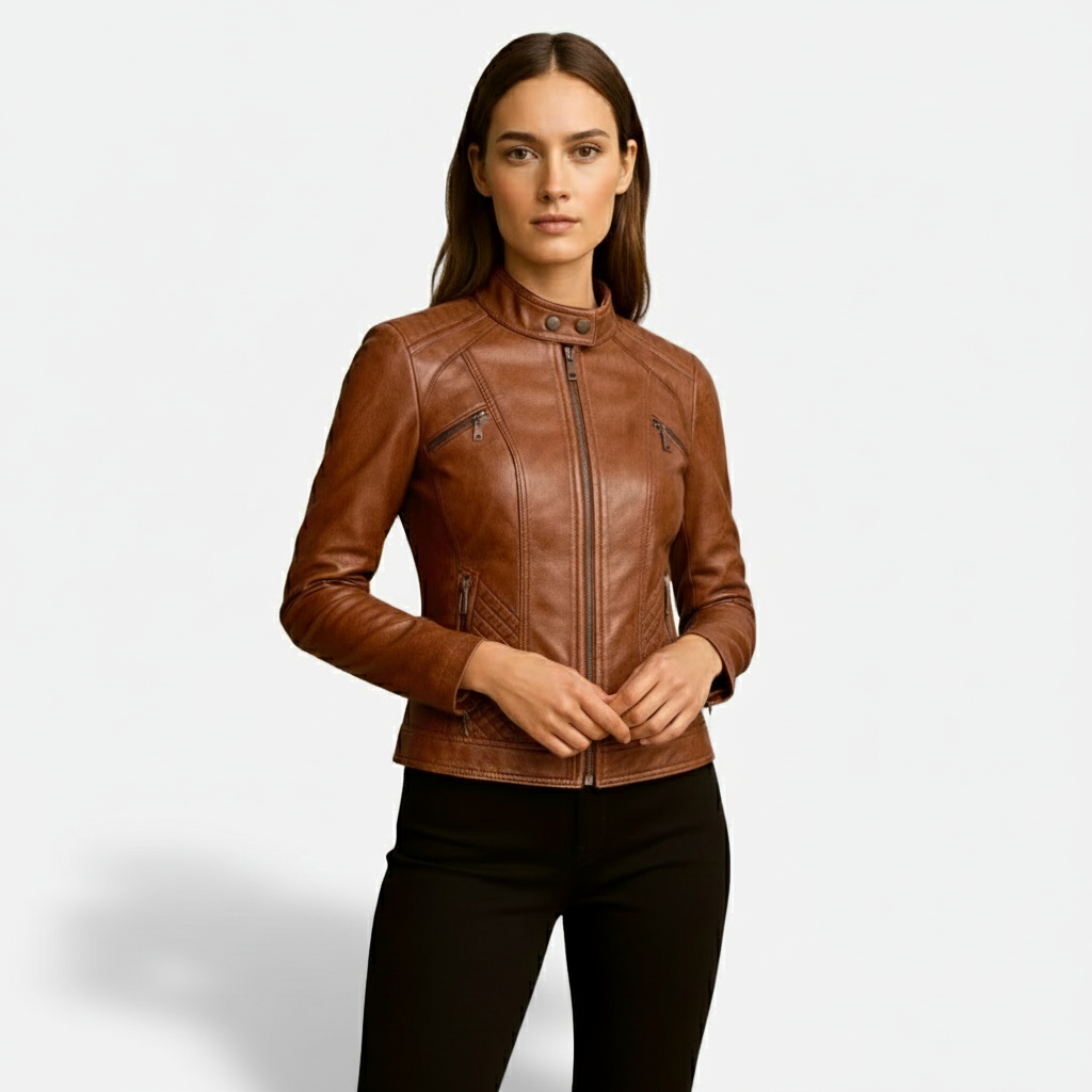 Lauvin | Women’s Slim-Fit Zip-Up Leather Moto Jacket